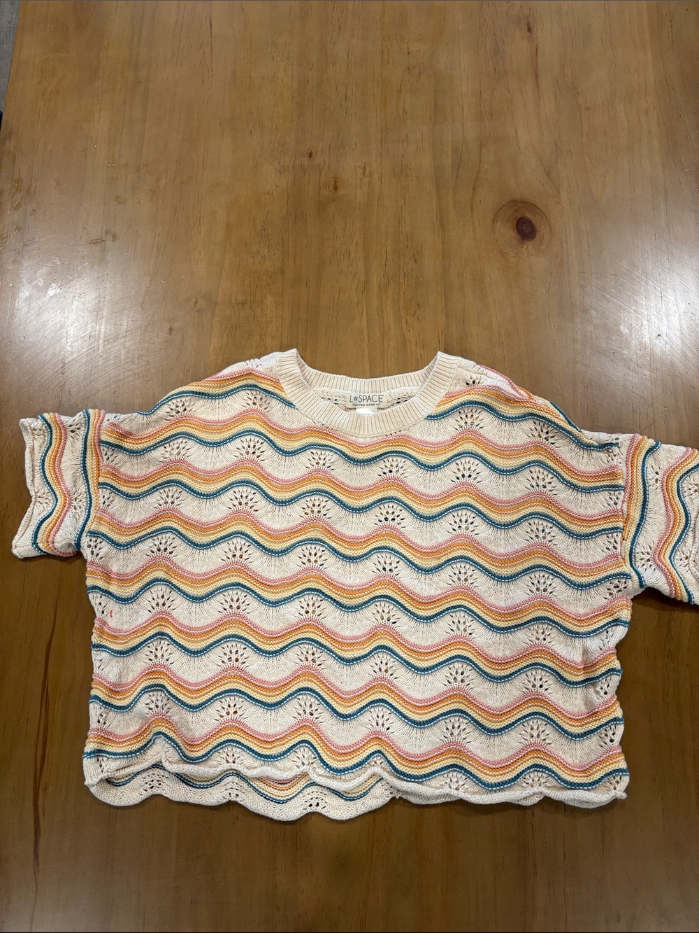 l*space Cream Crochet Short-Sleeve Sweater with Rainbow Wave Stripes